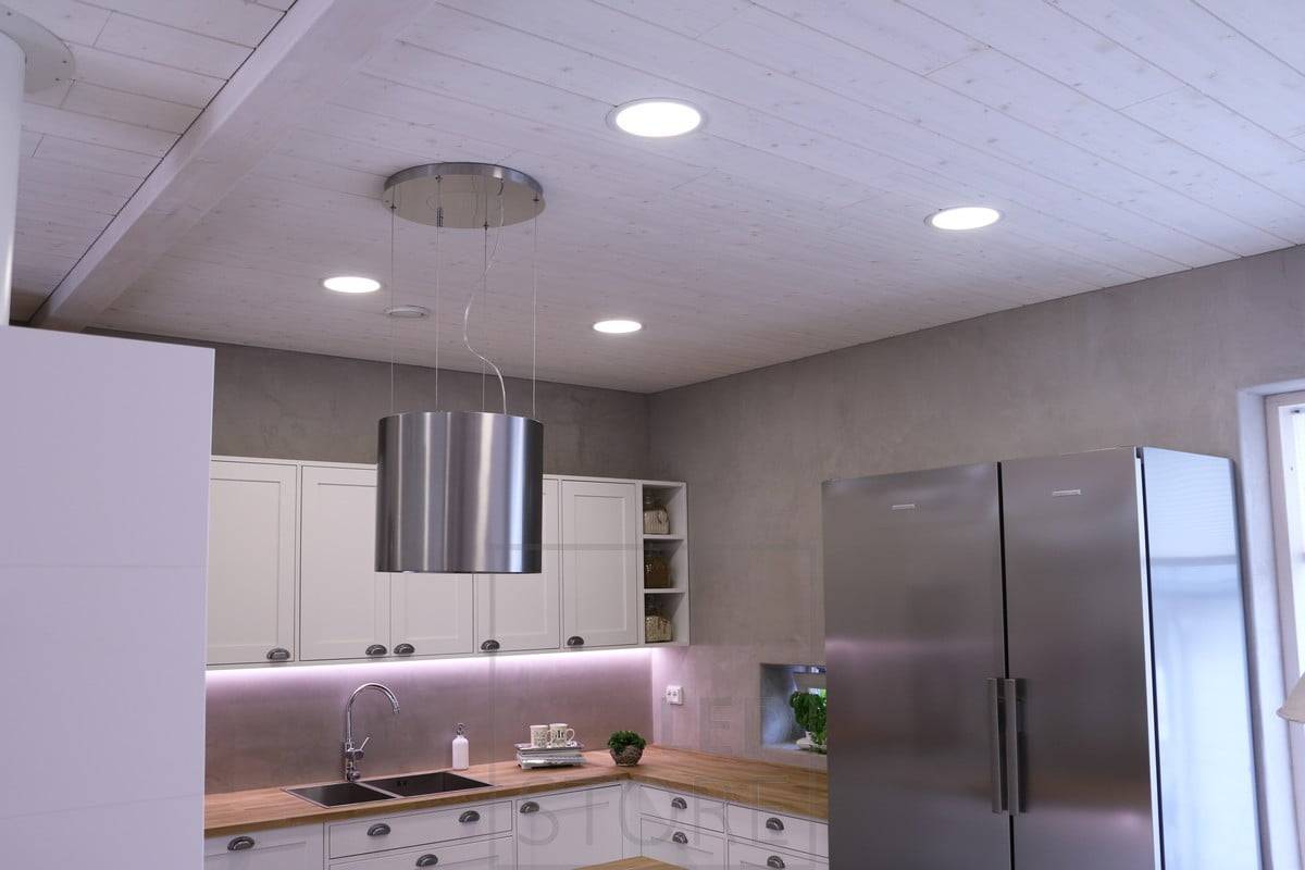 Led plafony jako celkové osvětlení v kuchyni, s led páskem osvětlujícím pracovní desku. Ledstore.fi